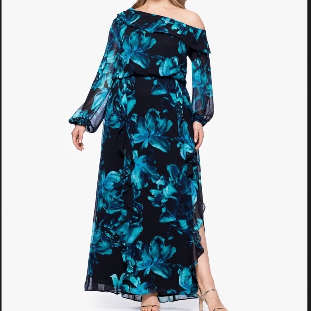 X BY XSCAPE Maxi Dress Women 16W NEW Floral One Shoulder Chiffon Gown XC387W